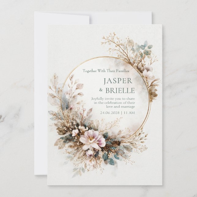 Muted Teal Watercolor Gold Circle Wedding Einladung (Vorderseite)