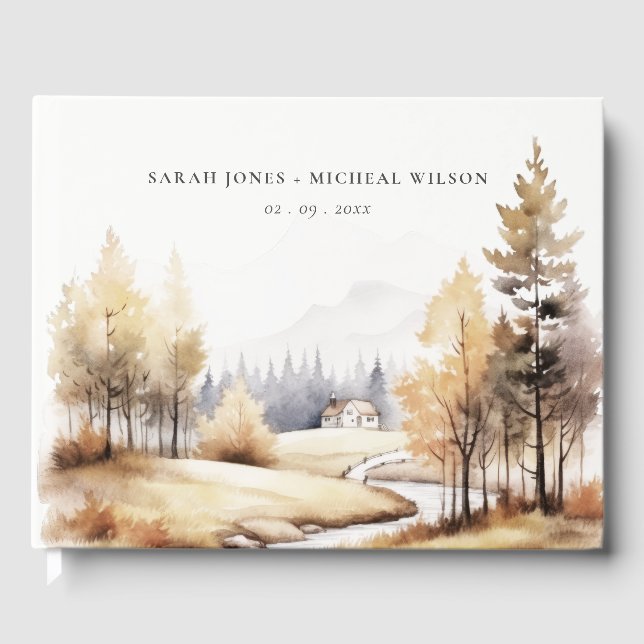 Muted Watercolor Fall Autumn Landscape Wedding Gästebuch (Vorderseite)