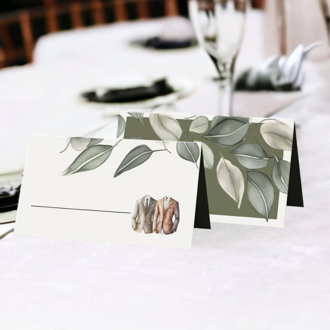 Mutete grüne Foliage zwei Grooms Hochzeit Platzkarte (Muted Green Foliage Two Grooms Wedding Place Cards from Ricaso)