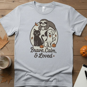 Mutig, ruhig & geliebt — Süße Tier-Trio-Halloween T-Shirt