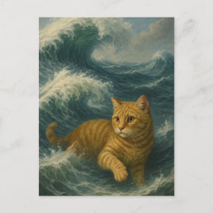 Mutige rote Katze reitet auf Meereswellen Postkarte