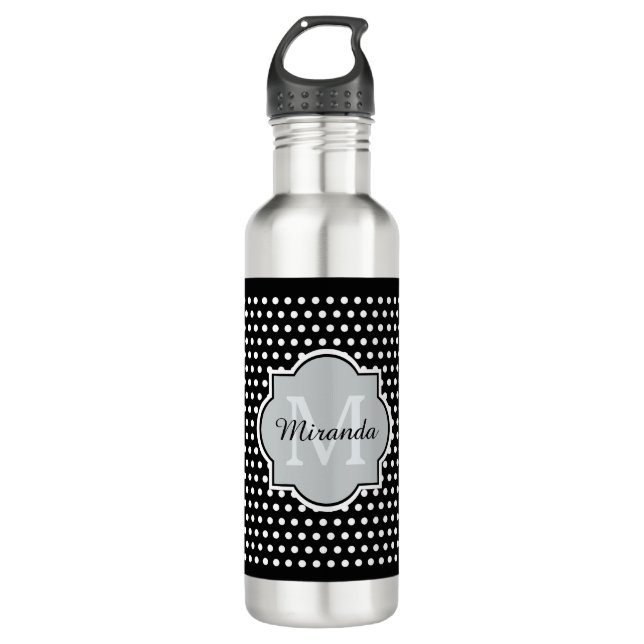 Mutige Schwarzweiss-Tupfen Monogramm und Name Trinkflasche (Vorderseite)