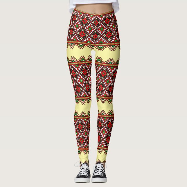 Mutige ukrainische Stickerei Vyshyvanka Leggings (Vorderseite)
