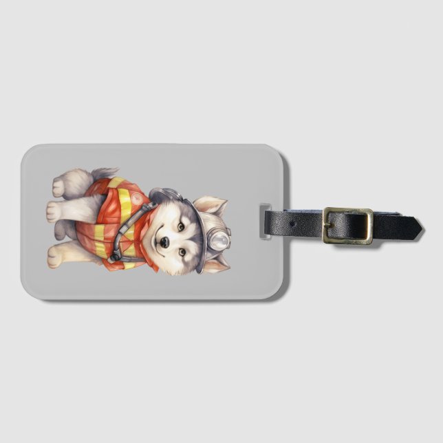 Mutiger Feuerwehrmann Sibirier Husky Hund Ehre Gepäckanhänger (Vorderseite (Horizontal))