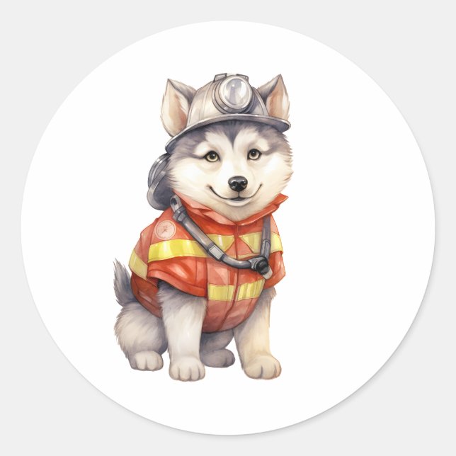 Mutiger Feuerwehrmann Sibirier Husky Hund Ehre Runder Aufkleber (Vorderseite)