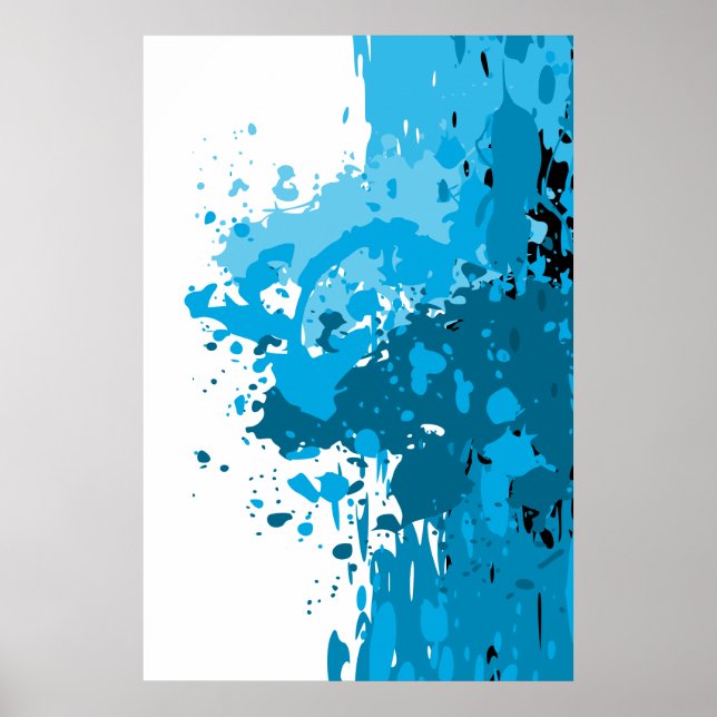 Mutiges abstraktes Spritzbild Blau und Weiß Poster (Vorne)