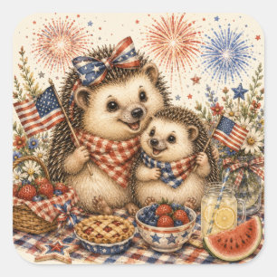 Mutter & Baby Patriotischer Igel Wasserfarben Kuns Quadratischer Aufkleber