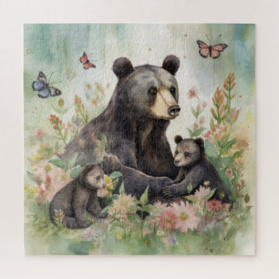 Mutter Bärenjunge Schmetterlinge Blumen Malerei Puzzle