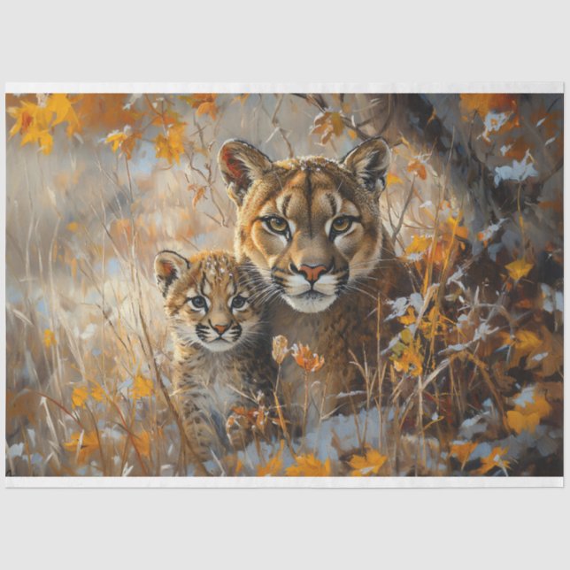 Mutter Cougar und ihre Kitten Dekoupage Seidenpapier (Vorderseite)