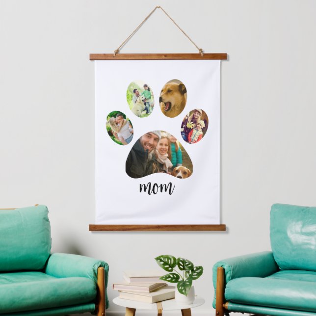 Mütter Day Hund Mama | 5 Paw Print Foto Collage Wandteppich Mit Holzrahmen (Wohnzimmer)