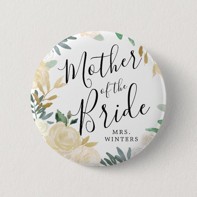 Mutter der Braut | White Rose Bouquet Wedding Button (Vorderseite)