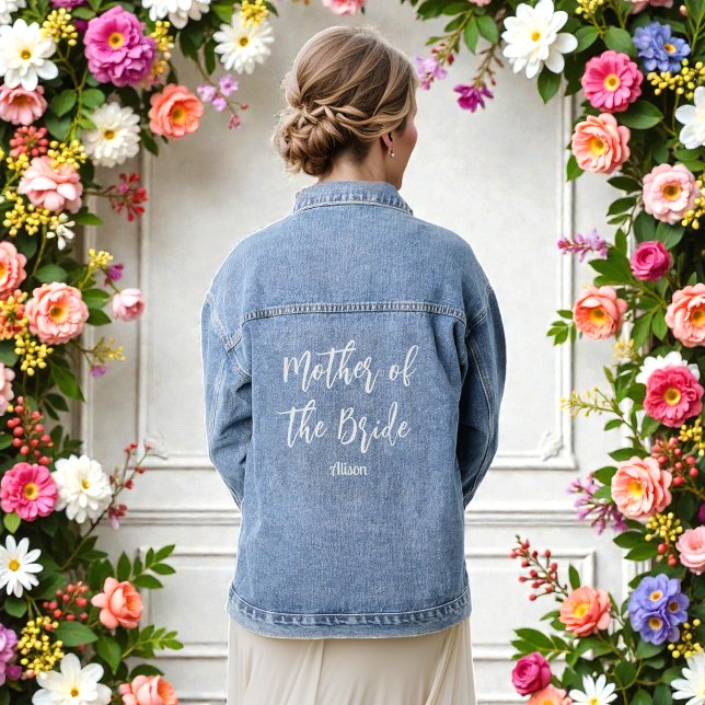 Mutter der Bride Hochzeitschrift White Script Jeansjacke (Von Creator hochgeladen)