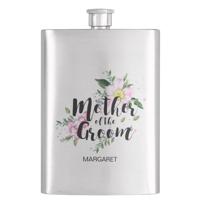 Mutter der Groom Pink Floral Wasserfarbe Hochzeit Flachmann (Vorderseite)
