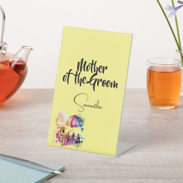 Mutter des Bräutigams - bearbeitbarer Text auf bla Sockelschild (In SItu)