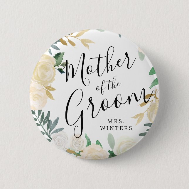 Mutter des Bräutigams | White Rose Bouquet Wedding Button (Vorderseite)