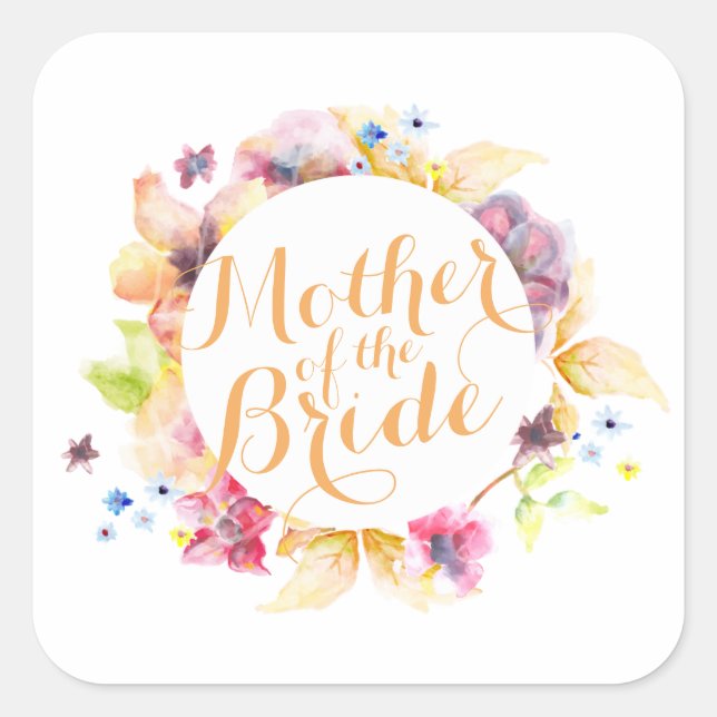 Mutter des Bride Watercolor-Hochzeitsticker Quadratischer Aufkleber (Vorderseite)