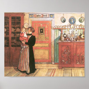 Mutter, die ein Baby in der Küche hält Poster