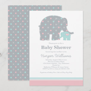 Mutter Elefant Pink und Aqua Dots Baby Dusche Einladung