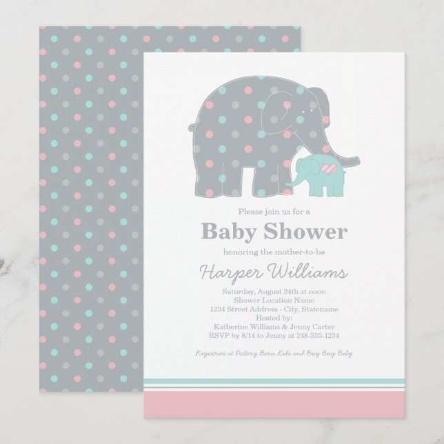 Mutter Elefant Pink und Aqua Dots Baby Dusche Einladung (Vorne/Hinten)