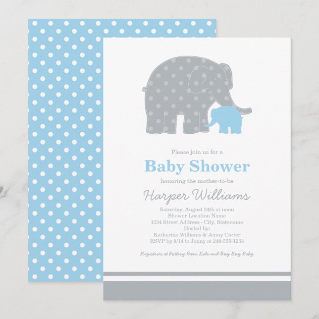Mutter Elephant Blue Gray Dots Baby Dusche Einladung (Vorne/Hinten)