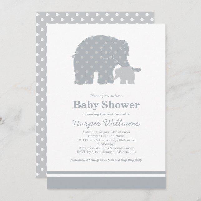 Mutter Elephant Grey Dots Baby Dusche Einladung (Vorne/Hinten)