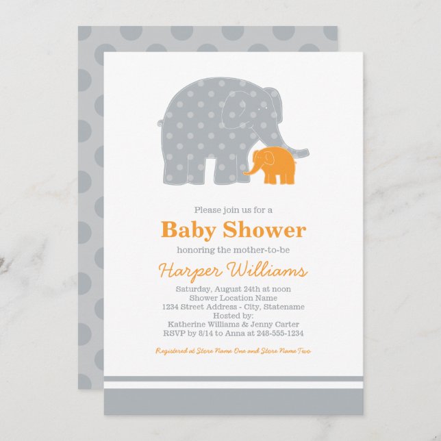 Mutter Elephant Orange Grey Dots Baby Dusche Einladung (Vorne/Hinten)
