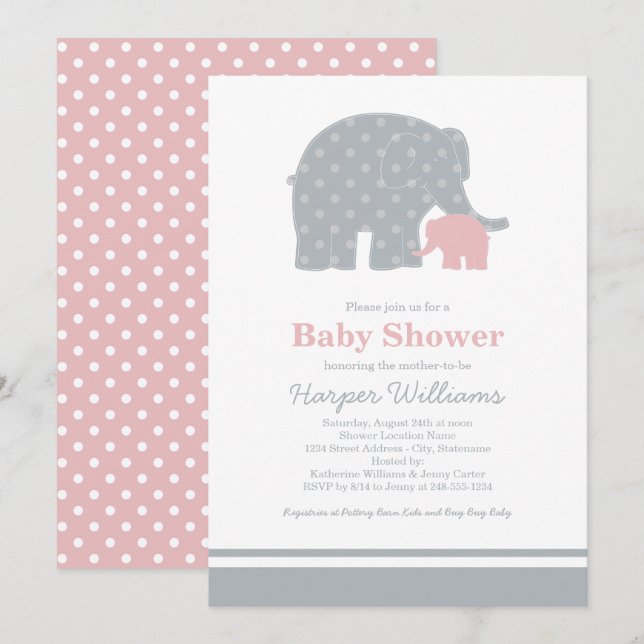 Mutter Elephant Pink Gray Dots Baby Dusche Einladung (Vorne/Hinten)