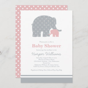 Mutter Elephant Pink Gray Dots Baby Dusche Einladung