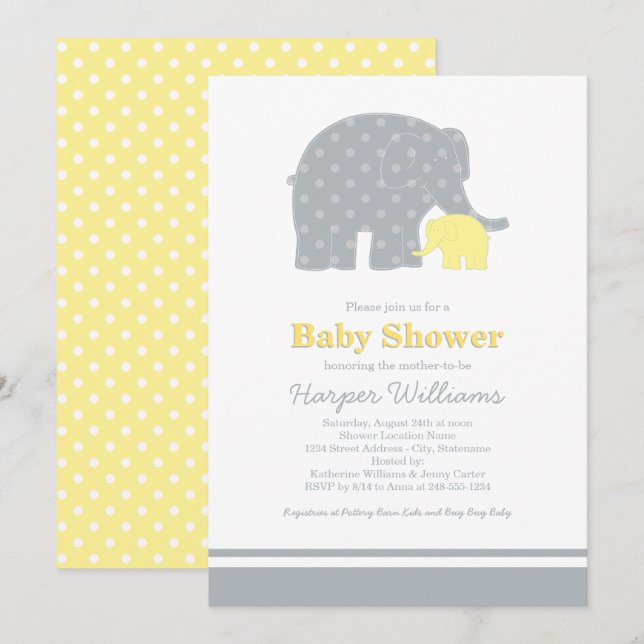 Mutter Elephant Yellow Dots Baby Dusche Einladung (Vorne/Hinten)