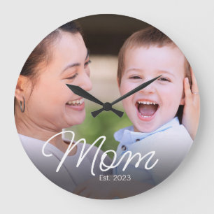 Mutter etablierte moderne weiße Schrift Foto Große Wanduhr