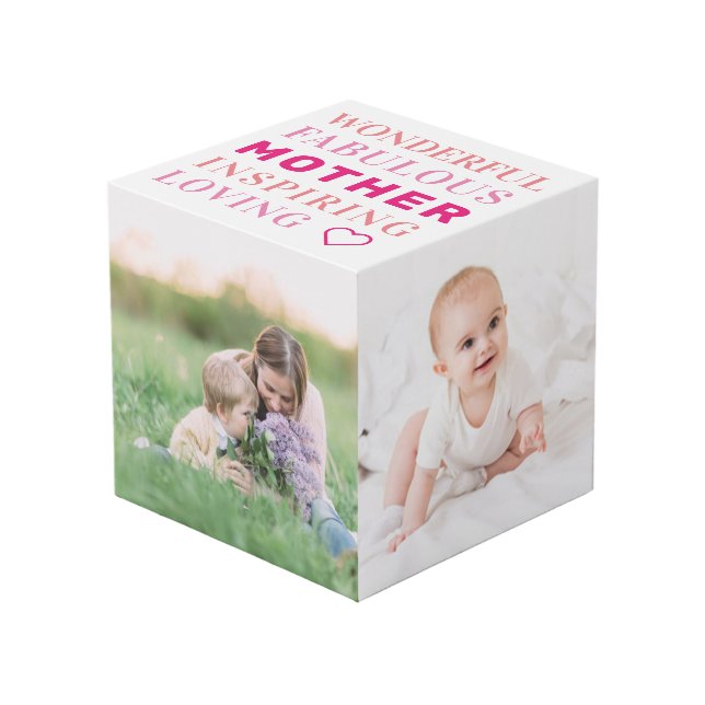 Mutter Familie Foto Collage Moderne Typografie Würfel (Vorderseite Schrägansicht)