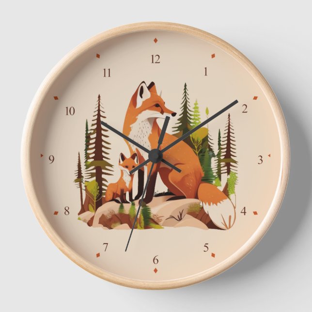 Mutter Fox und Kit Kinderzimmer Wall Clock Uhr (Vorderseite)