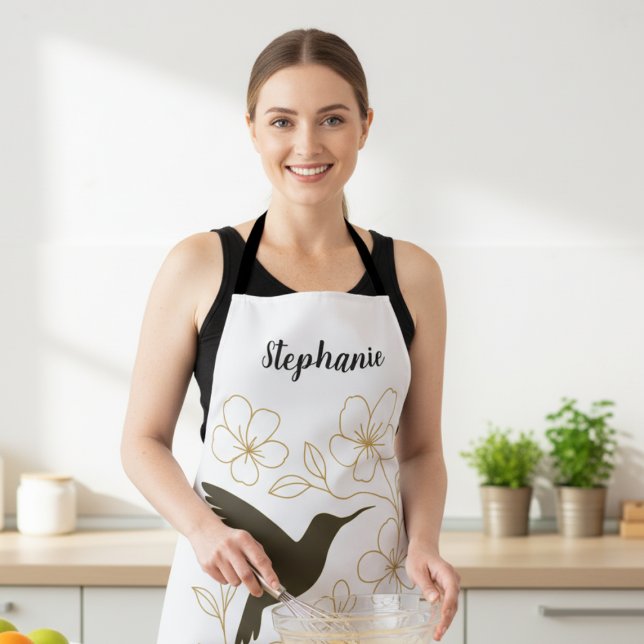 Mutter Geburtstag Kolibri Botanisches Floral Schürze (Elegant hummingbird and gold floral apron—thoughtful birthday gift idea for a nature-loving mom.)
