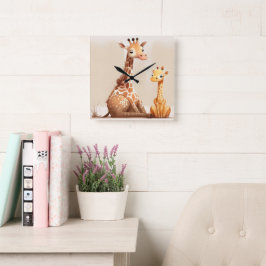 Mutter Giraffe mit Wasserfarbe für Kinder Quadratische Wanduhr