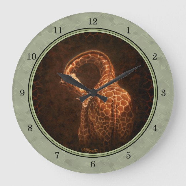 Mutter Giraffe und Baby Green Round Border Große Wanduhr (Vorderseite)
