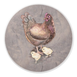 Mutter-Henne und Küken-Aquarell Keramikknauf