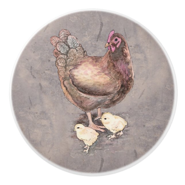 Mutter-Henne und Küken-Aquarell Keramikknauf (Vorderseite)