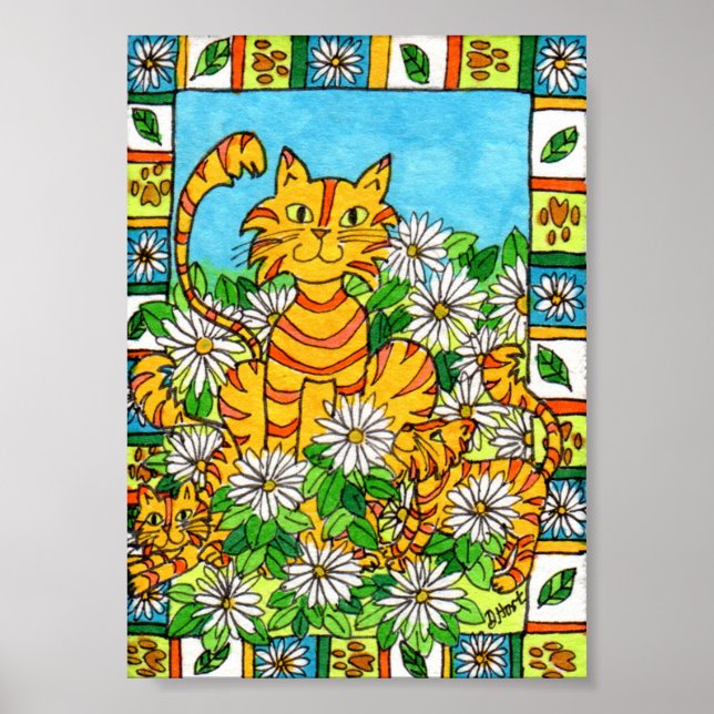 Mutter Katze & Kätzchen in Daisy Patch Mini Folk A Poster (Vorne)