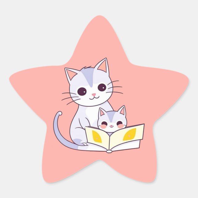 Mutter Katze Reading ihre Kitten Star Sticker (Vorderseite)