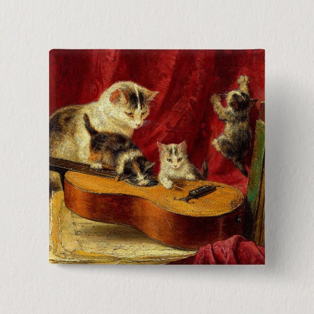 Mutter Katze und Kätzchen spielen mit Gitarre Button (Vorderseite)