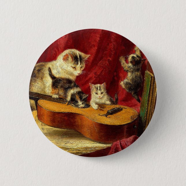 Mutter Katze und Kätzchen spielen mit Gitarre Button (Vorderseite)