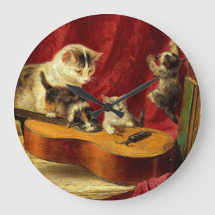 Mutter Katze und Kätzchen spielen mit Gitarre Große Wanduhr