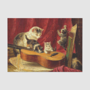 Mutter Katze und Kätzchen spielen mit Gitarre Seidenpapier