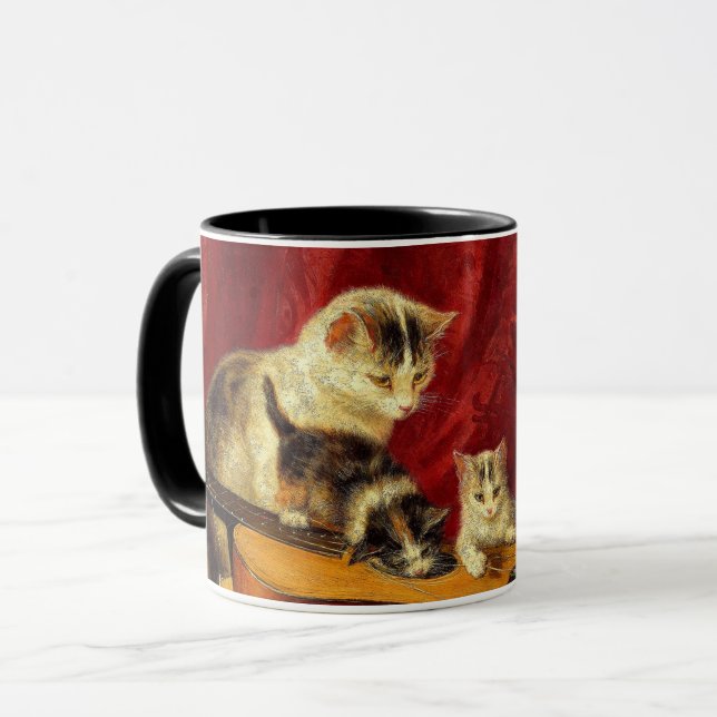 Mutter Katze und Kätzchen spielen mit Gitarre Tasse (Vorderseite Links)