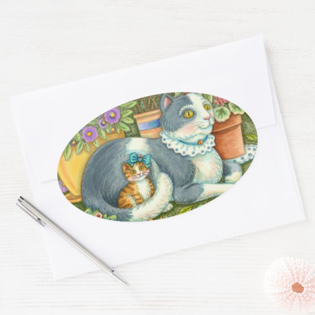 MUTTER KATZE UND KÜCHE, BLUME, BOWS & PLATZ OVALER AUFKLEBER (Umschlag)