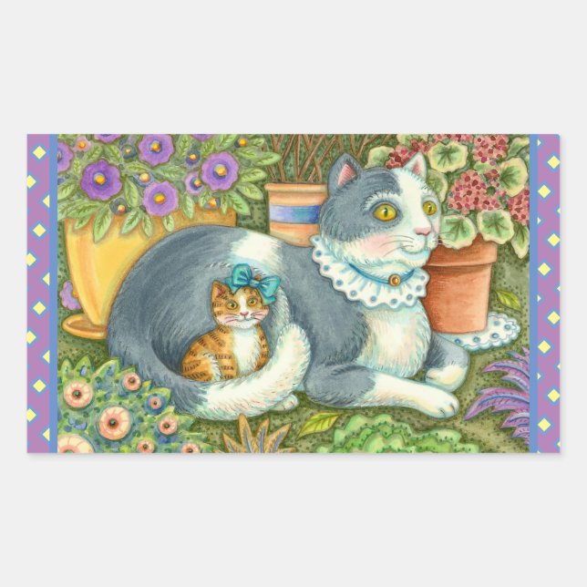 MUTTER KATZE UND KÜCHE, BLUME, BOWS & PLATZ RECHTECKIGER AUFKLEBER (Vorderseite)