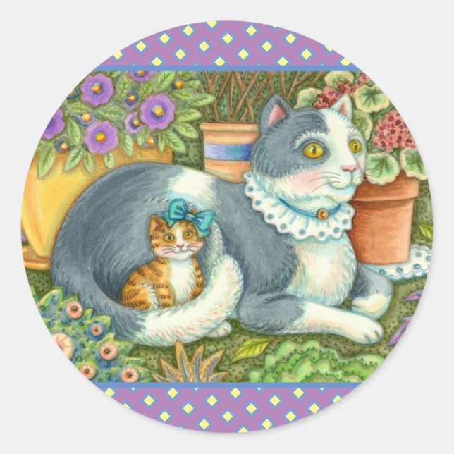 MUTTER KATZE UND KÜCHE, BLUME, BOWS & PLATZ RUNDER AUFKLEBER (Vorderseite)