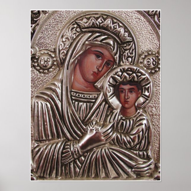 Mutter-Kind-Symbol, Madonna und Jesus in Silber Poster (Vorne)