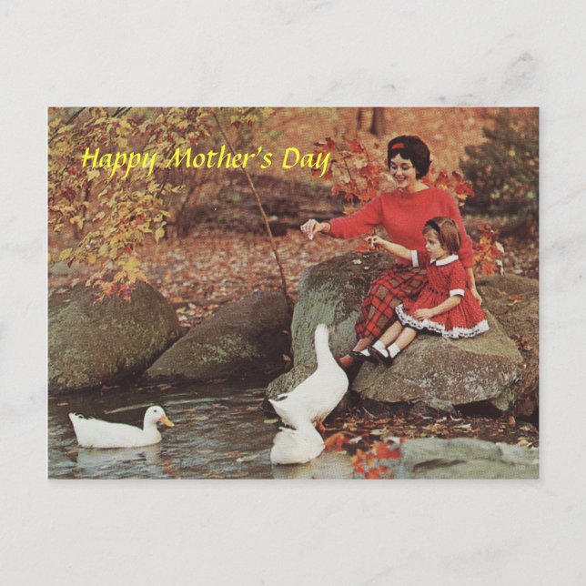 Mutter & Kleines Mädchen Fütternd Enten der 60er J Postkarte (Vorderseite)