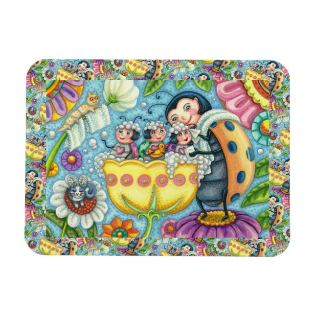 MUTTER LADYBUG & KINDER, TULIP-BABELBAD MAGNET (Horizontal)